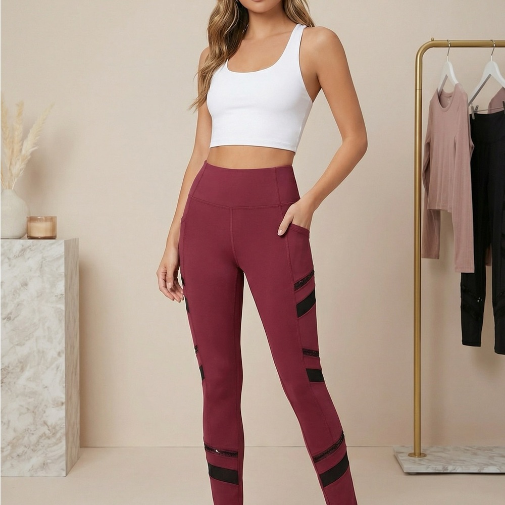 Universal Standard Burgundy High-Waist Leggings with Side Mesh Stripes